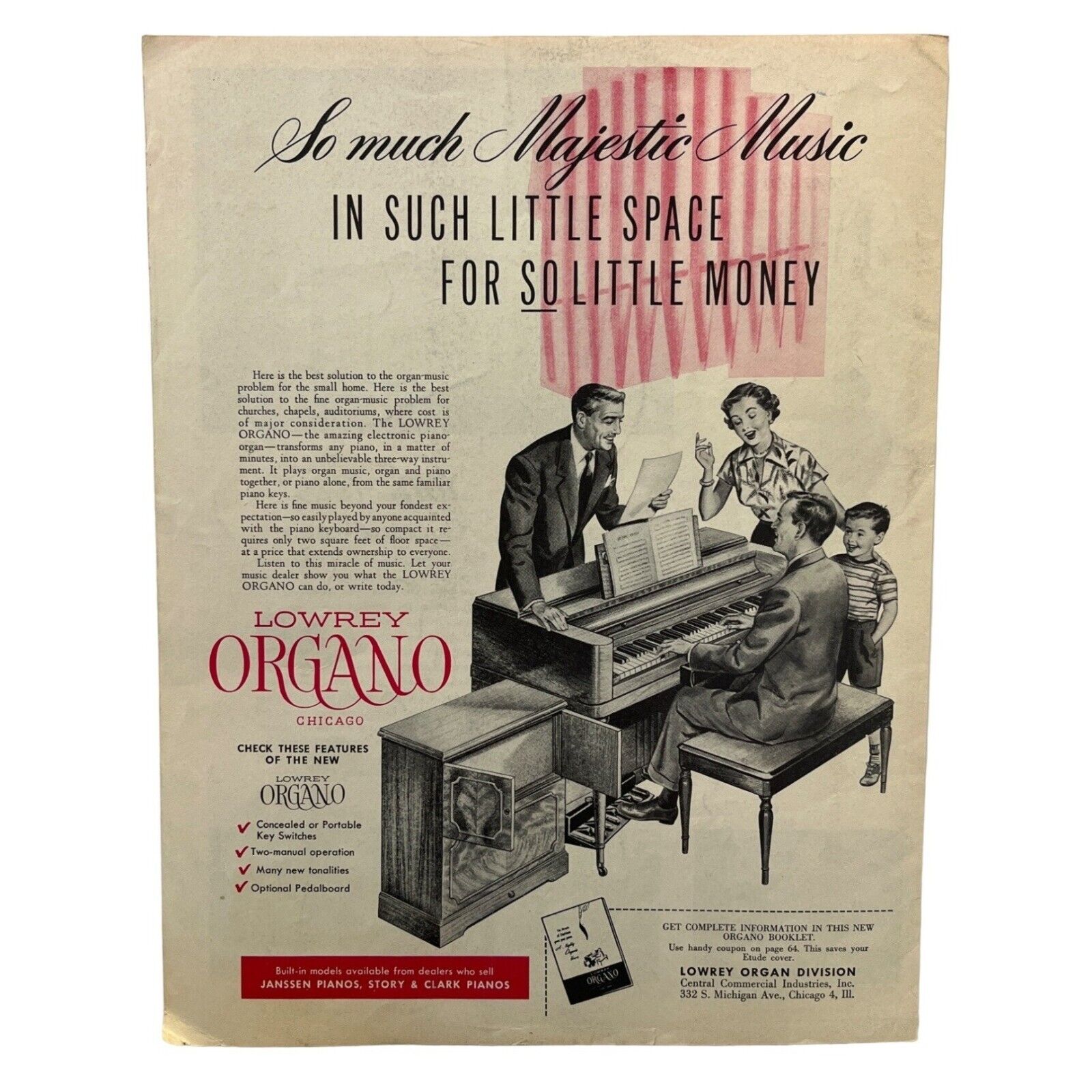 Lowrey Organo Electronic Organ Vintage Print Ad 1952 Chicago Illinois