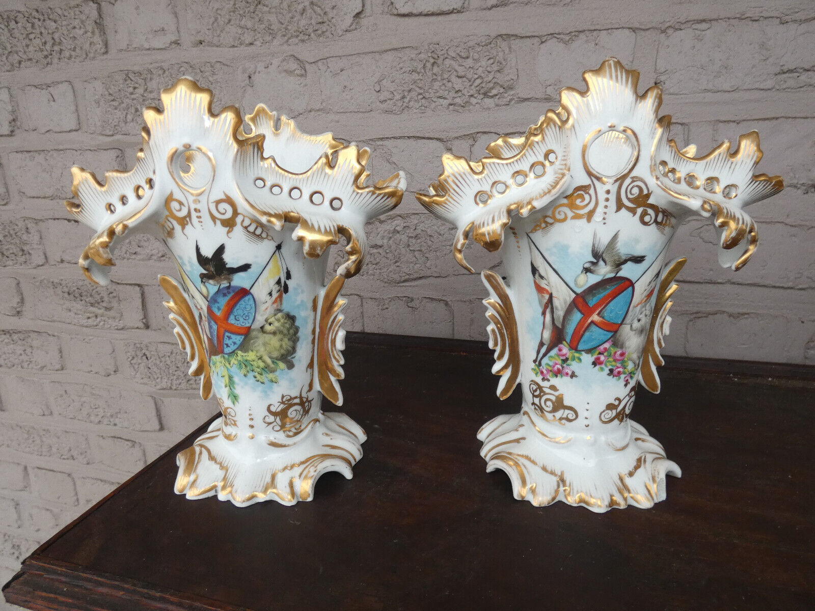 PAIR antique French vieux paris porcelain Vases hand paint decor bird rare