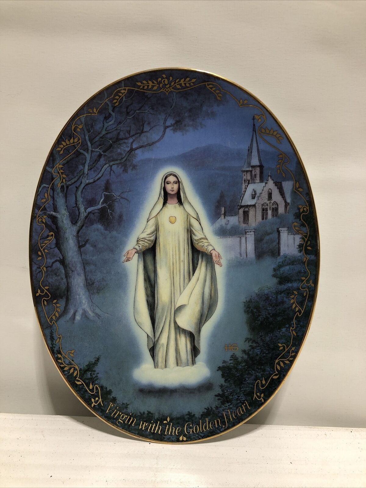 Virgin With The Golden Heart Madonna Oval Plate Porcelain  Catholic