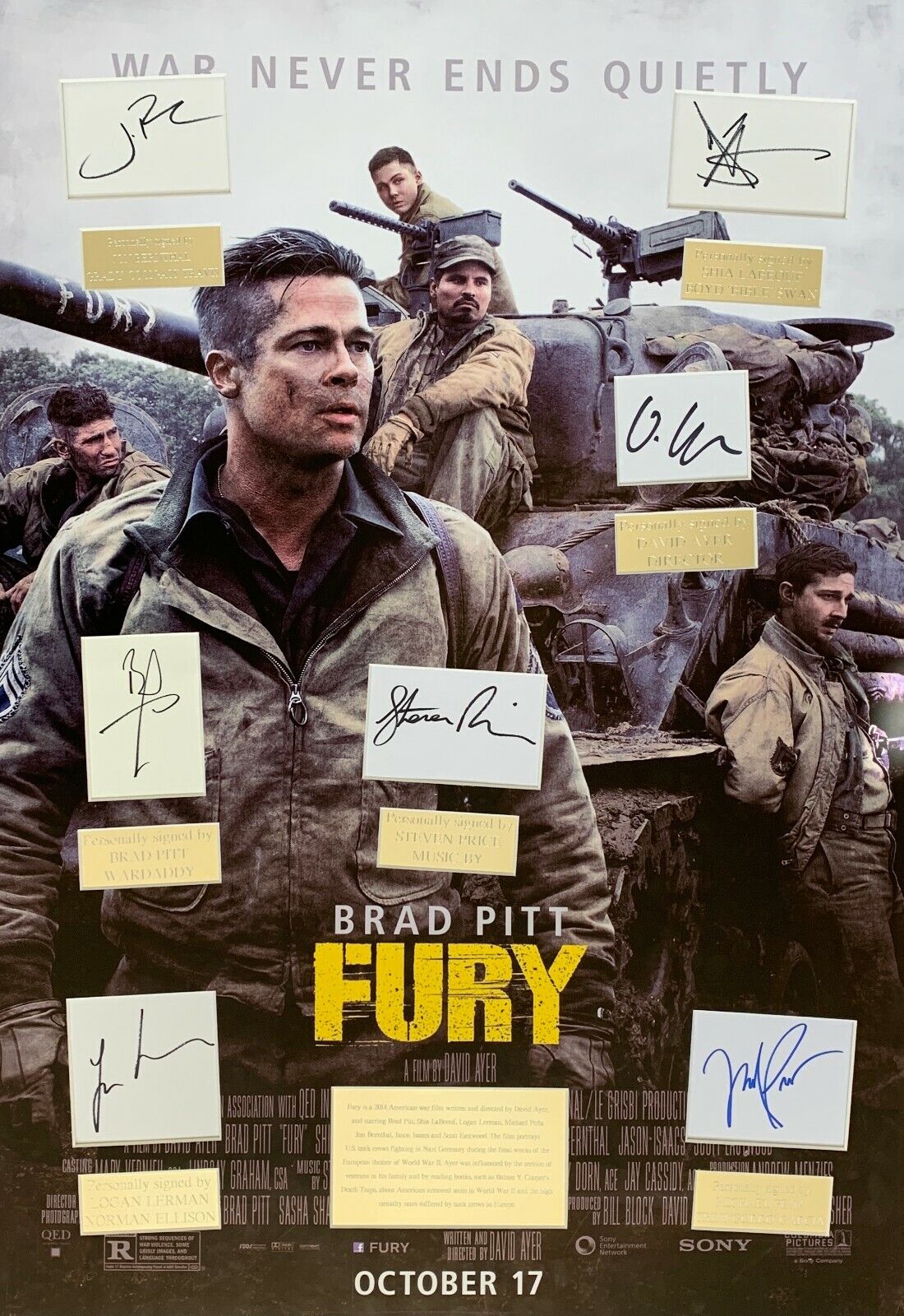 FURY, BRAD PITT, DAVID AYER FILM  hand signed frame NEW