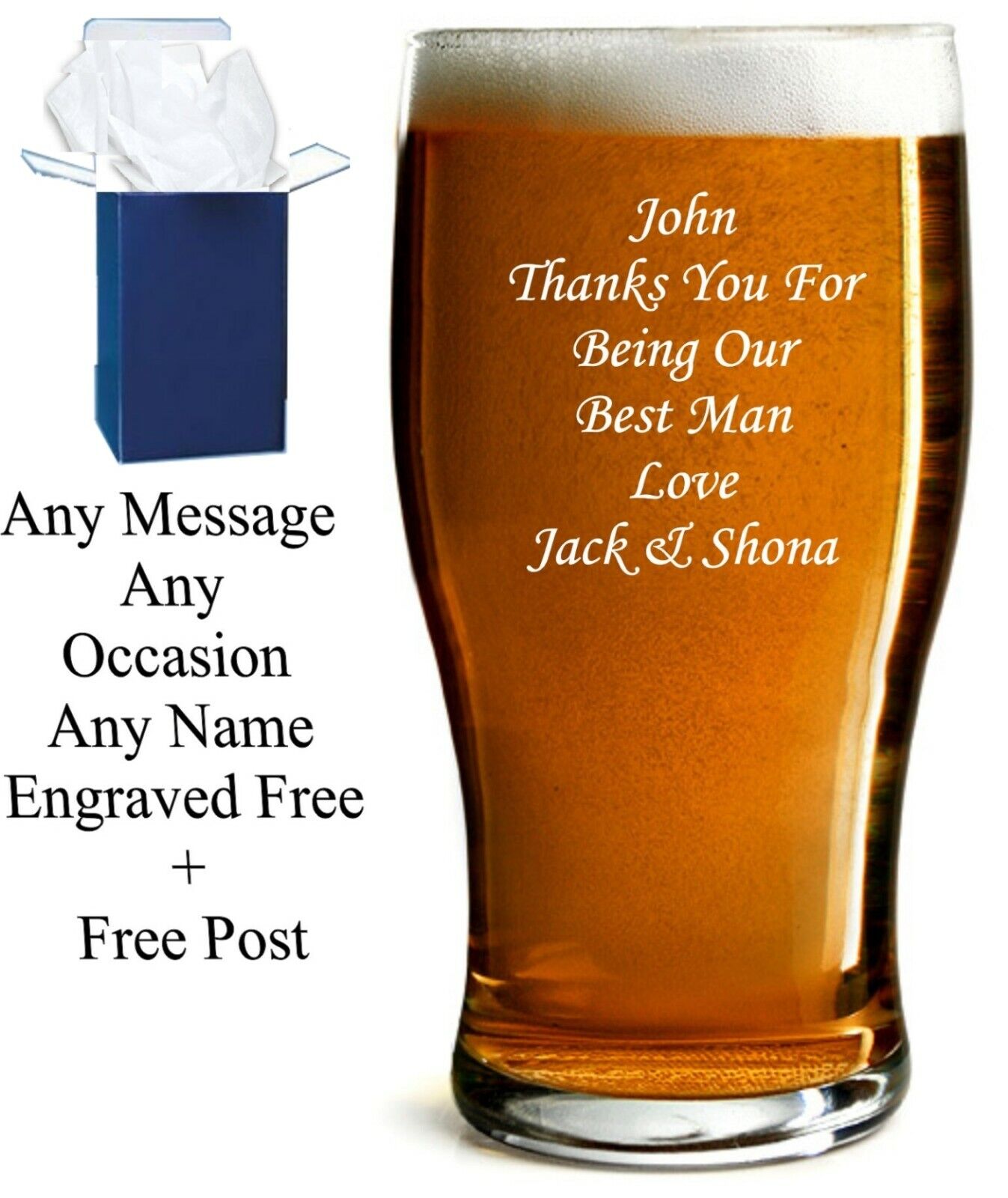 Personalised Pint Tulip Lager Beer Glass Engraved Wedding Usher Thank You 