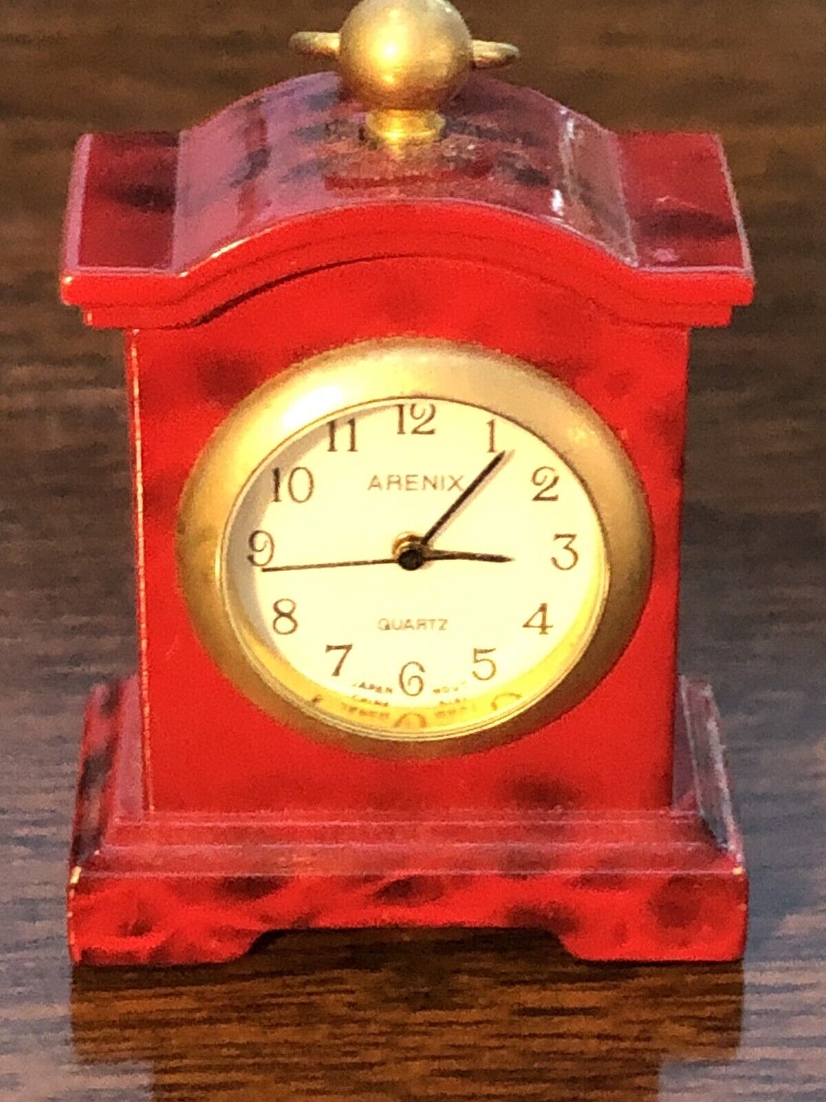 Vintage Arenix Quartz Miniature Brass Mahogany Mantle Clock. Needs Battery.