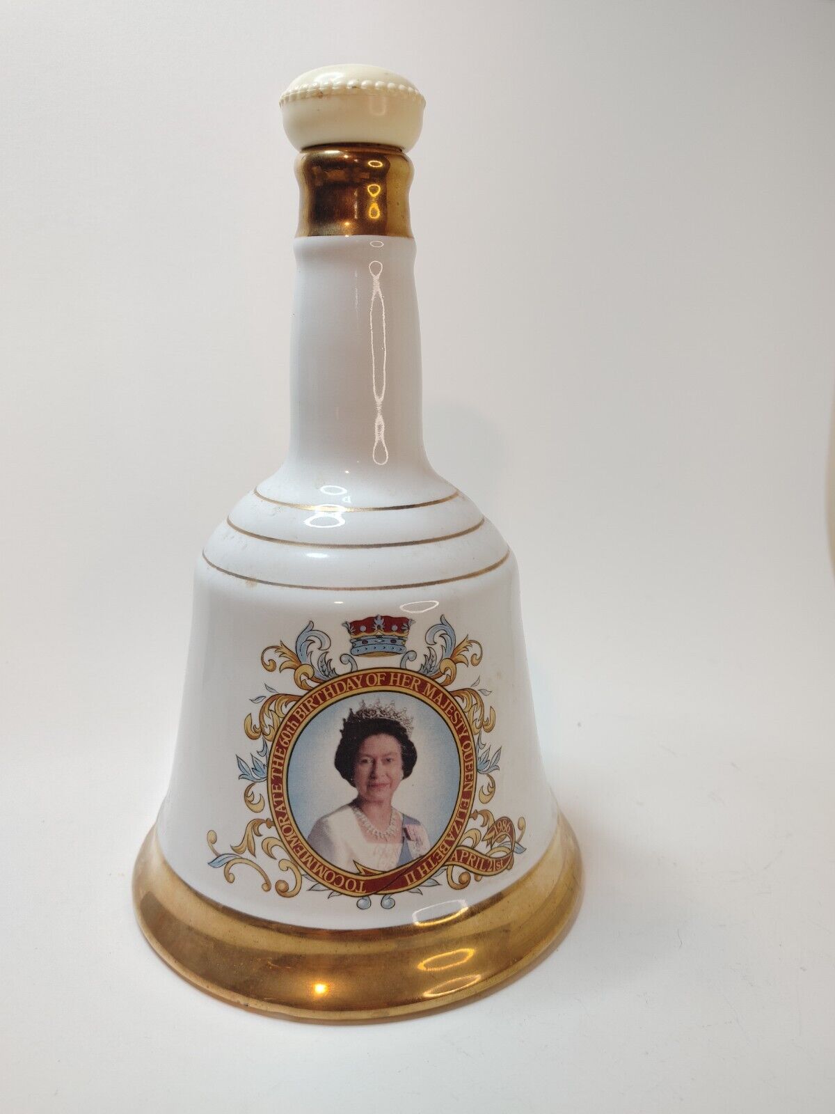 1986 Bell's Scotch Queen Elizabeth 60th Birthday Bell Decanter by Wade China UK