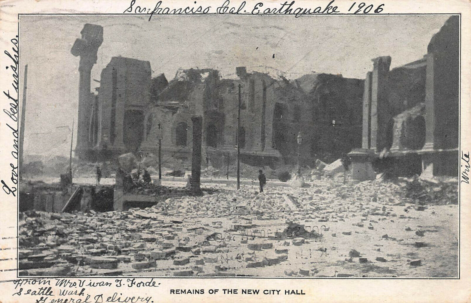 Remains of New City Hall, 1906 San Francisco Earthquake, Early Postcard, Used