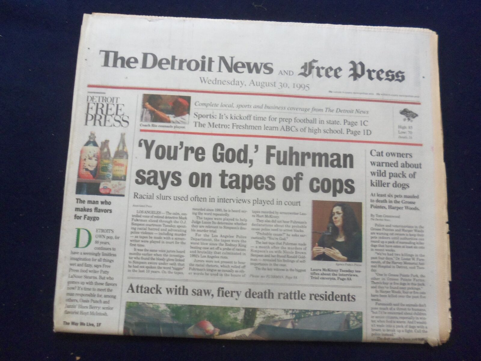 1995 AUG 30 DETROIT NEWS/FREE PRESS NEWSPAPER-MARK FUHRMAN 'YOU'RE GOD'- NP 7209