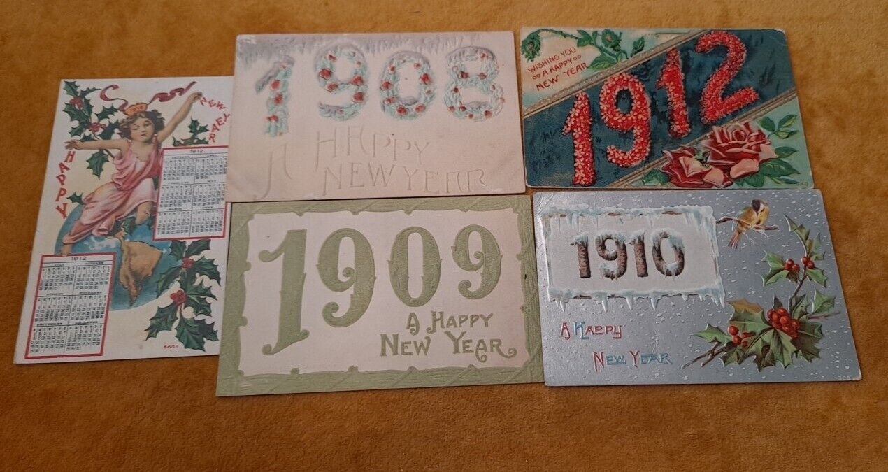 Antique Early 1900s Happy New Years Postcards Lot 1908/1909/1910/1911/1912 #6