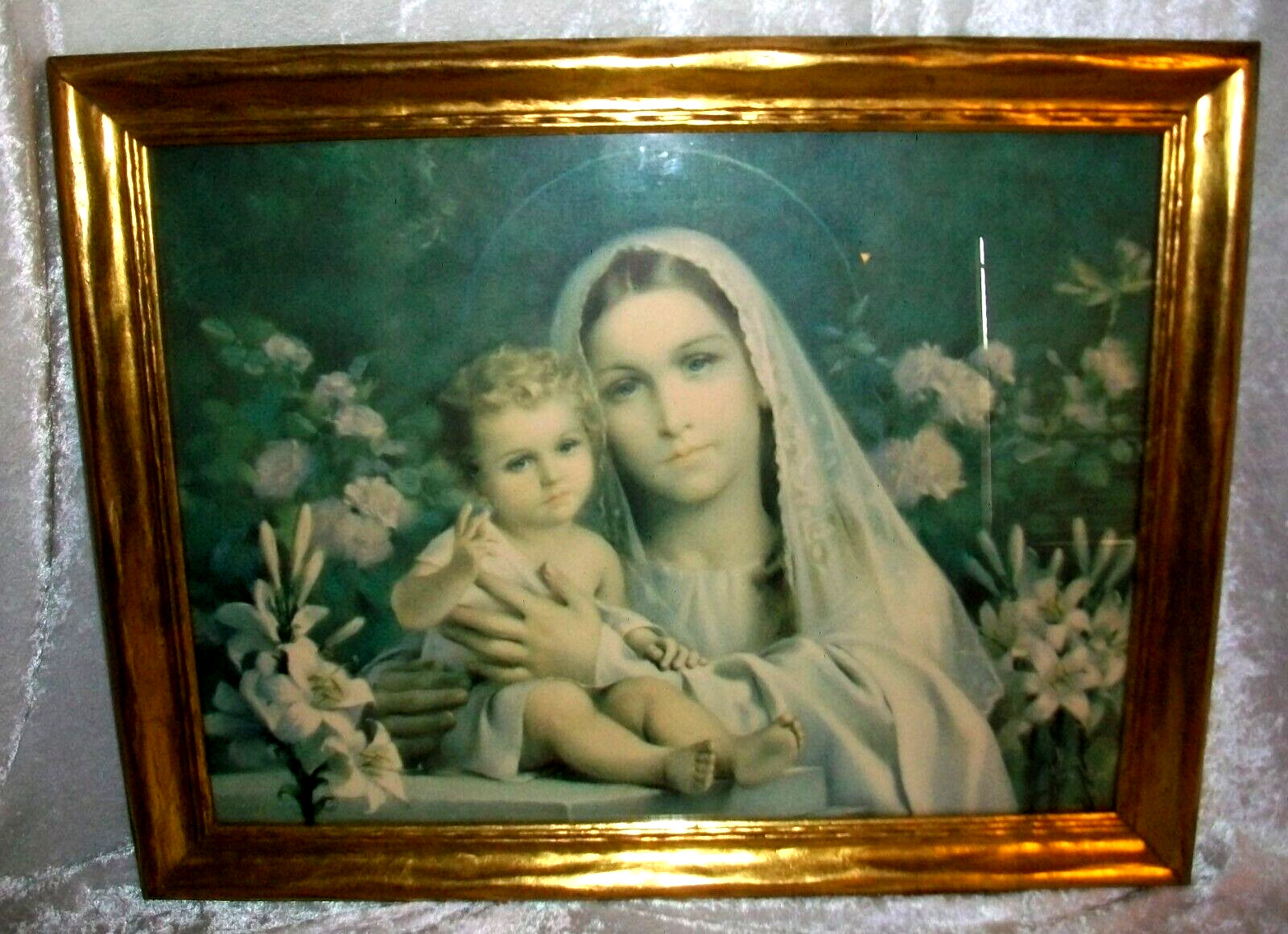 Christian Vintage Lily Madonna Mother Mary Jesus Child Lithograph Art Print