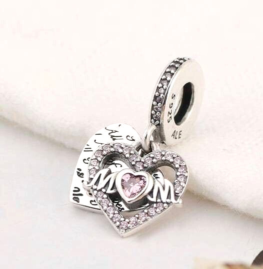 New Pandora ALL OF ME PINK CZ Heart and Mom Charm Bead w/pouch Valentine's Day