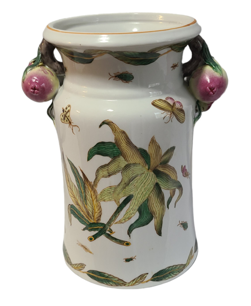 Asian Hand Painted Porcelain Butterflys Pomegranate Handles Vase Marked 10.5''