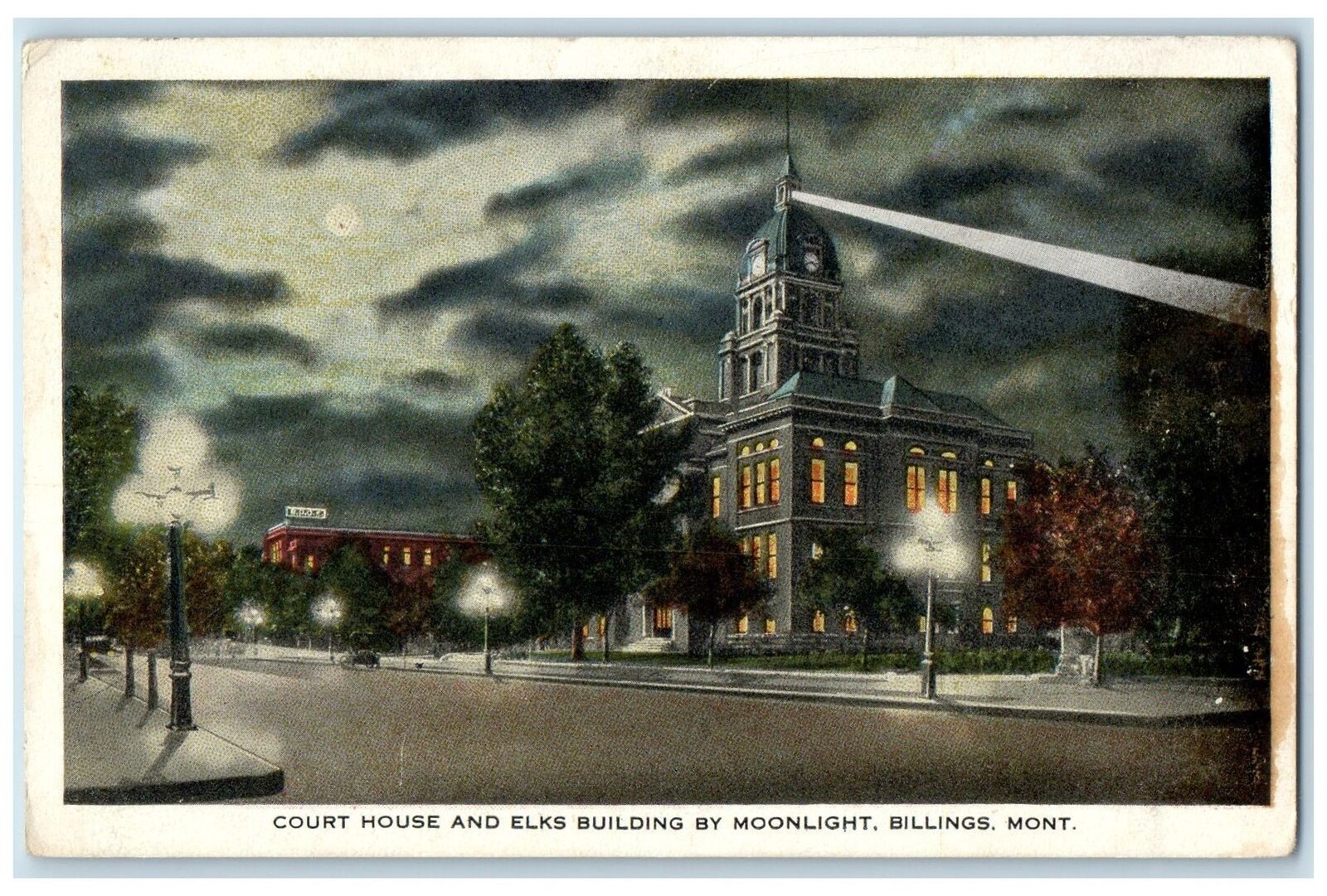 c1920's Court House And Elks Building By Moonlight Billings Montana MT Postcard