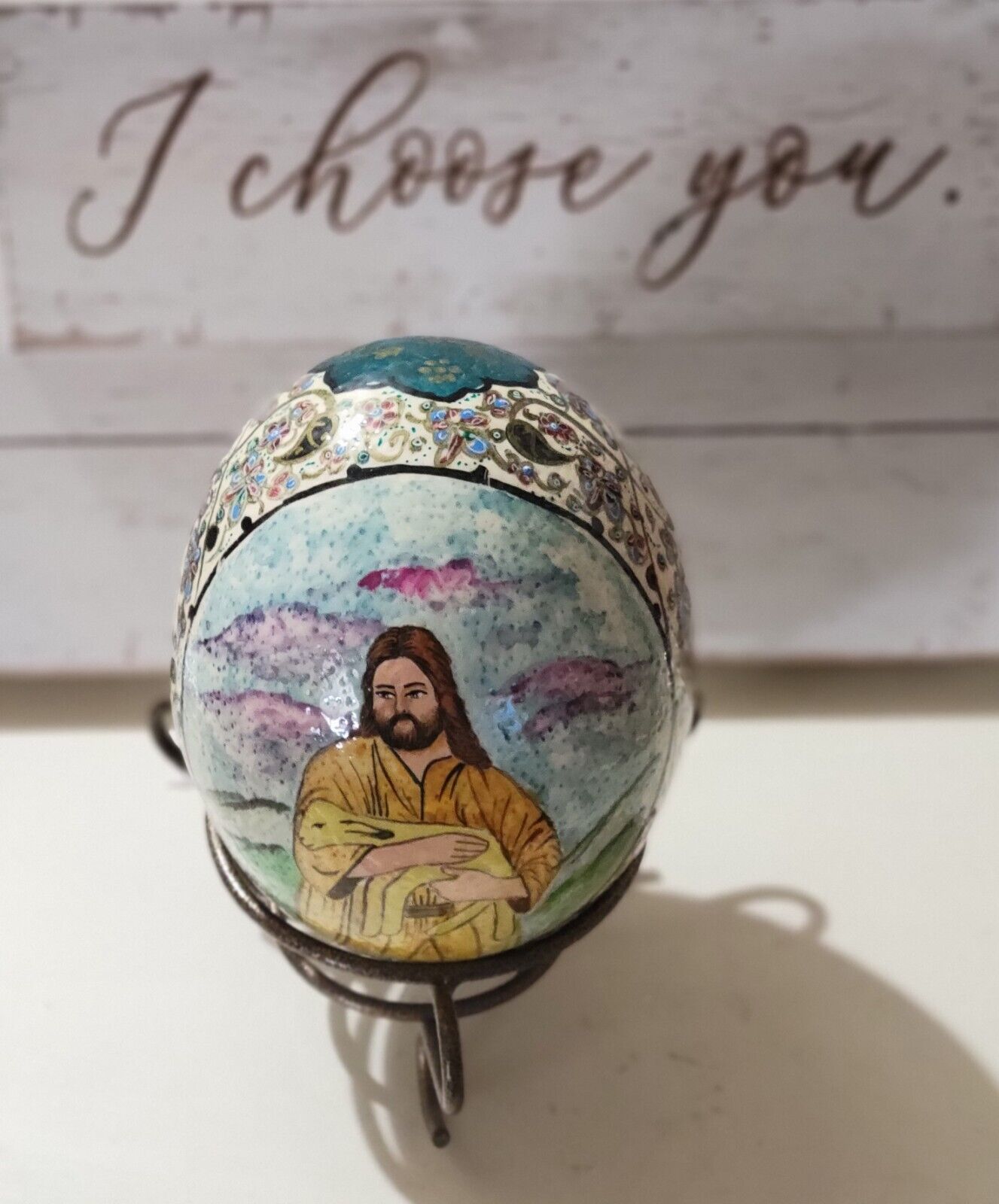 Hand Painted Religious Ostrich Egg Signed By Artist Made In Jordan 