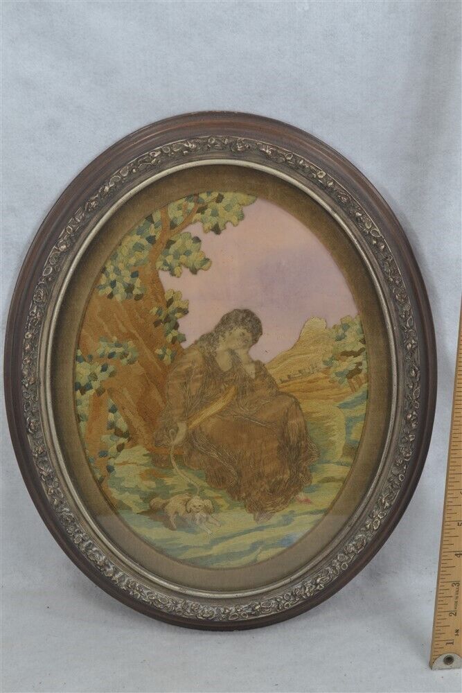 antique Georgian 19th 1830 silk embroidered picture lady/dog oval 16 original 