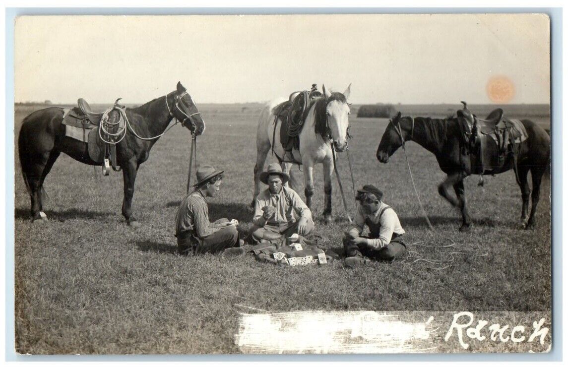 c1910\'s Cowboys Playing Poker Gambling Boy\'s Ranch Horses  RPPC Photo Postcard