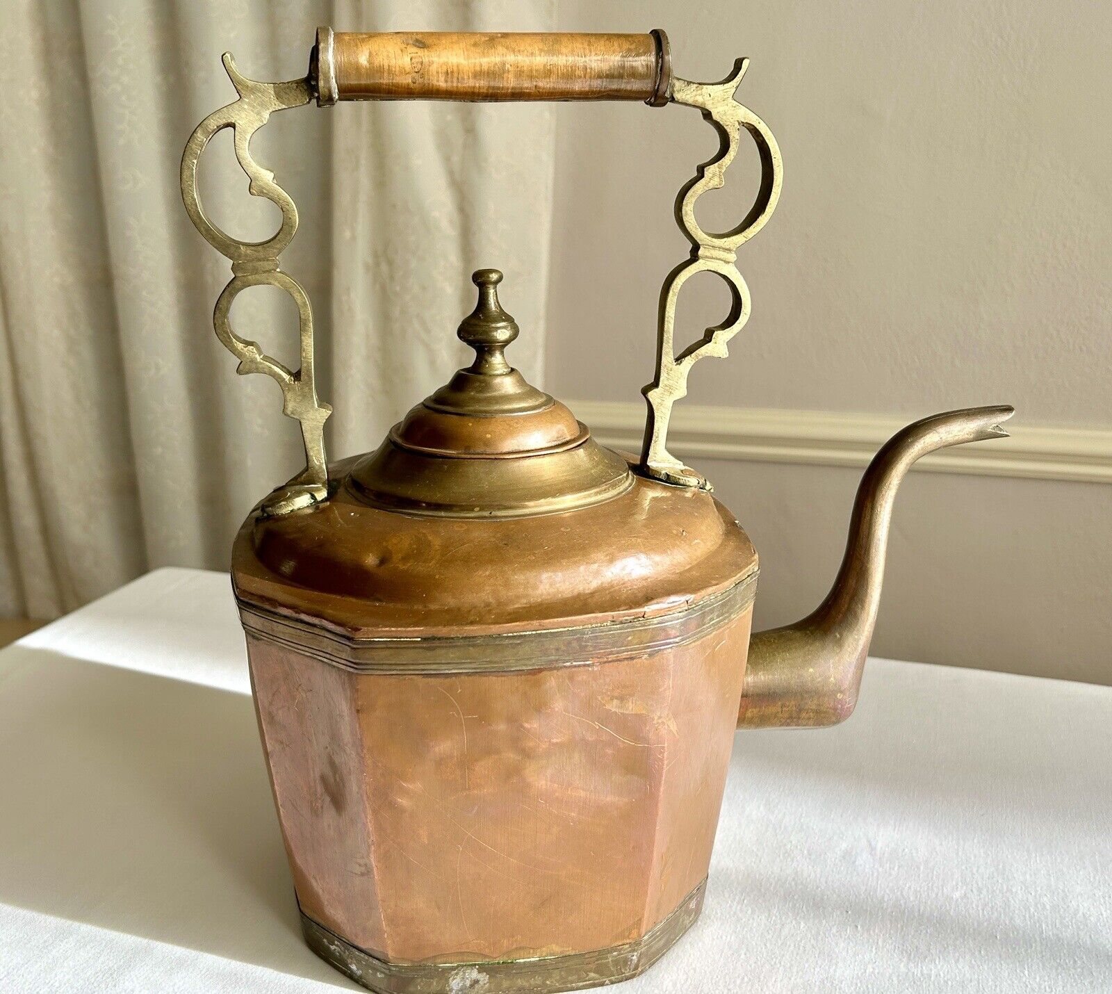 Stunning, Huge, Antique European Brass Copper Tea Coffee Kettle 15\