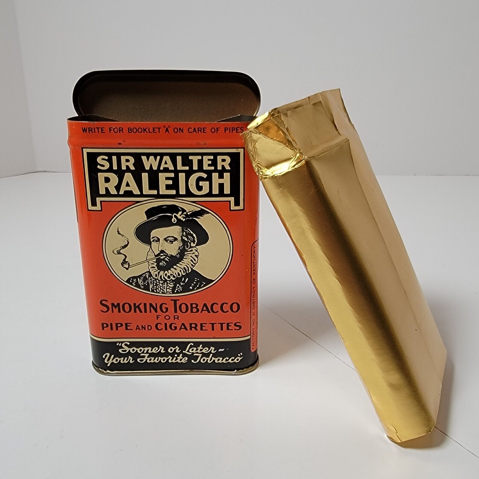 Vintage EMPTY Sir Walter Raleigh Smoking Tobacco Tin with Original Foil Sleeve