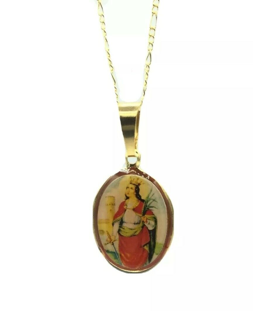 Santa St.Barbara Medal Yoruba Pendant Charm Necklace 18k Gold Plated 20' Chain