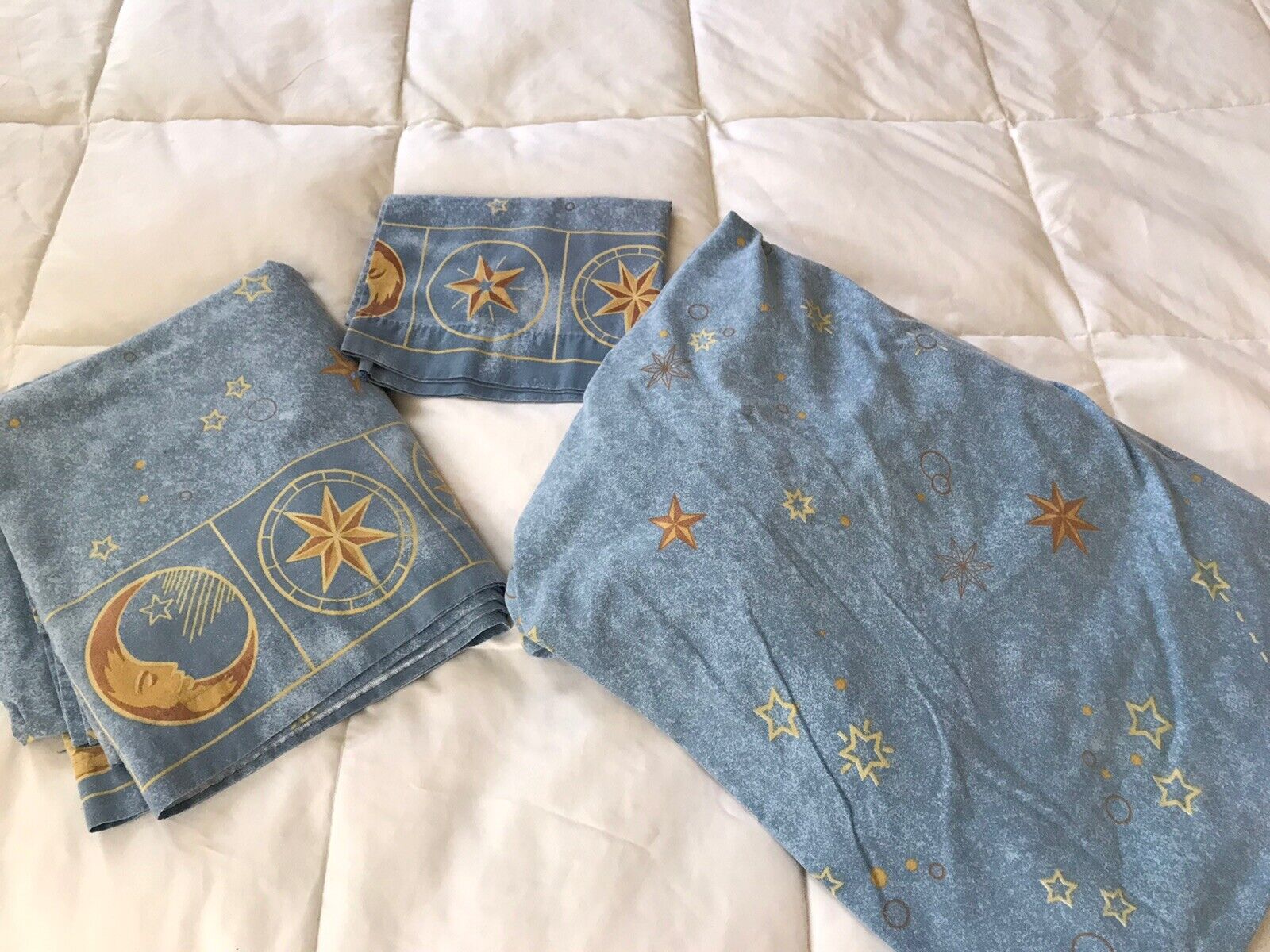 Vintage 90s Y2K Queen Flat & Fitted Sheet Set Celestial Blue Stars Sun Moon