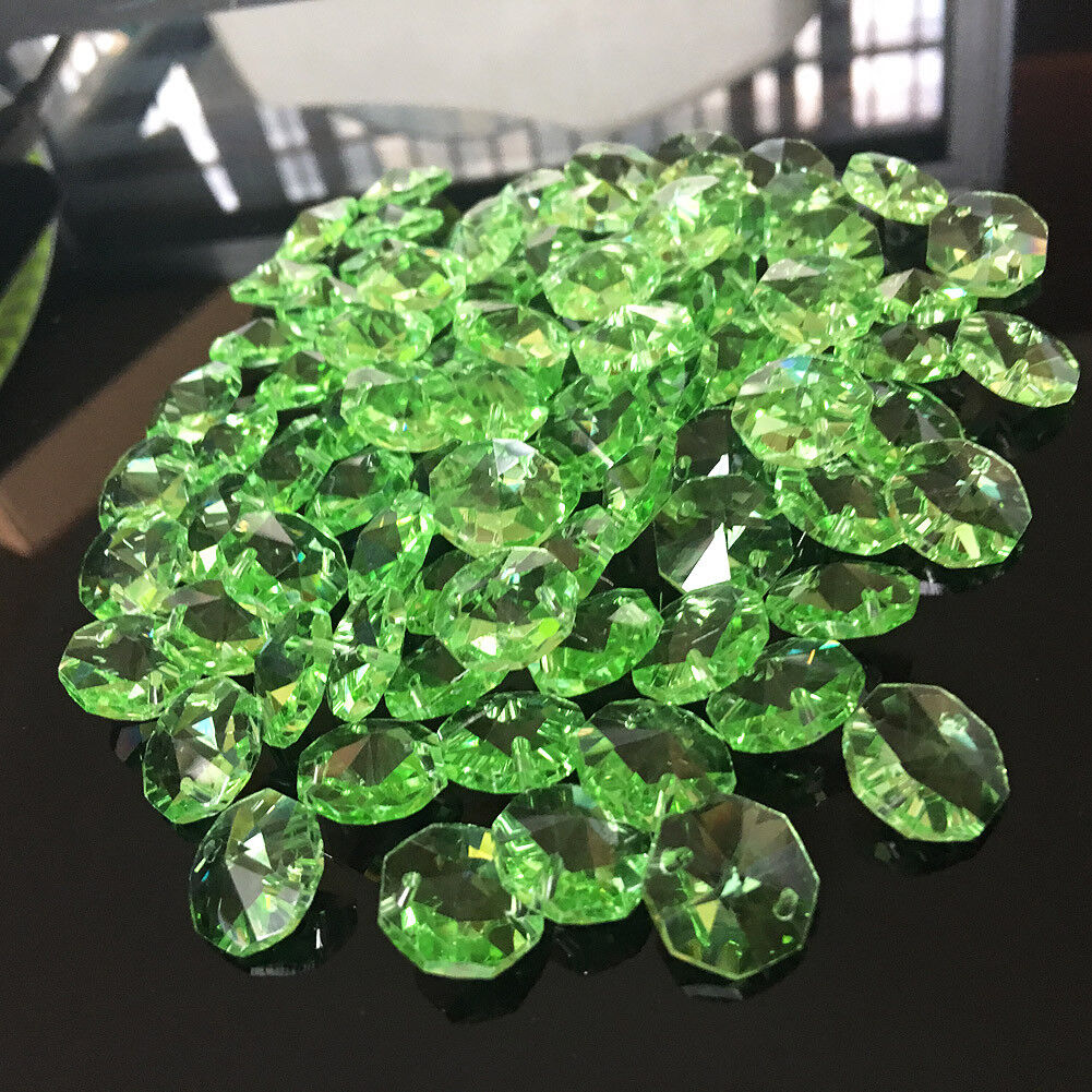 50Pc Green Octagon Glass Beads CRYSTAL Chandelier Prisms Chain Part SUNCATCHER