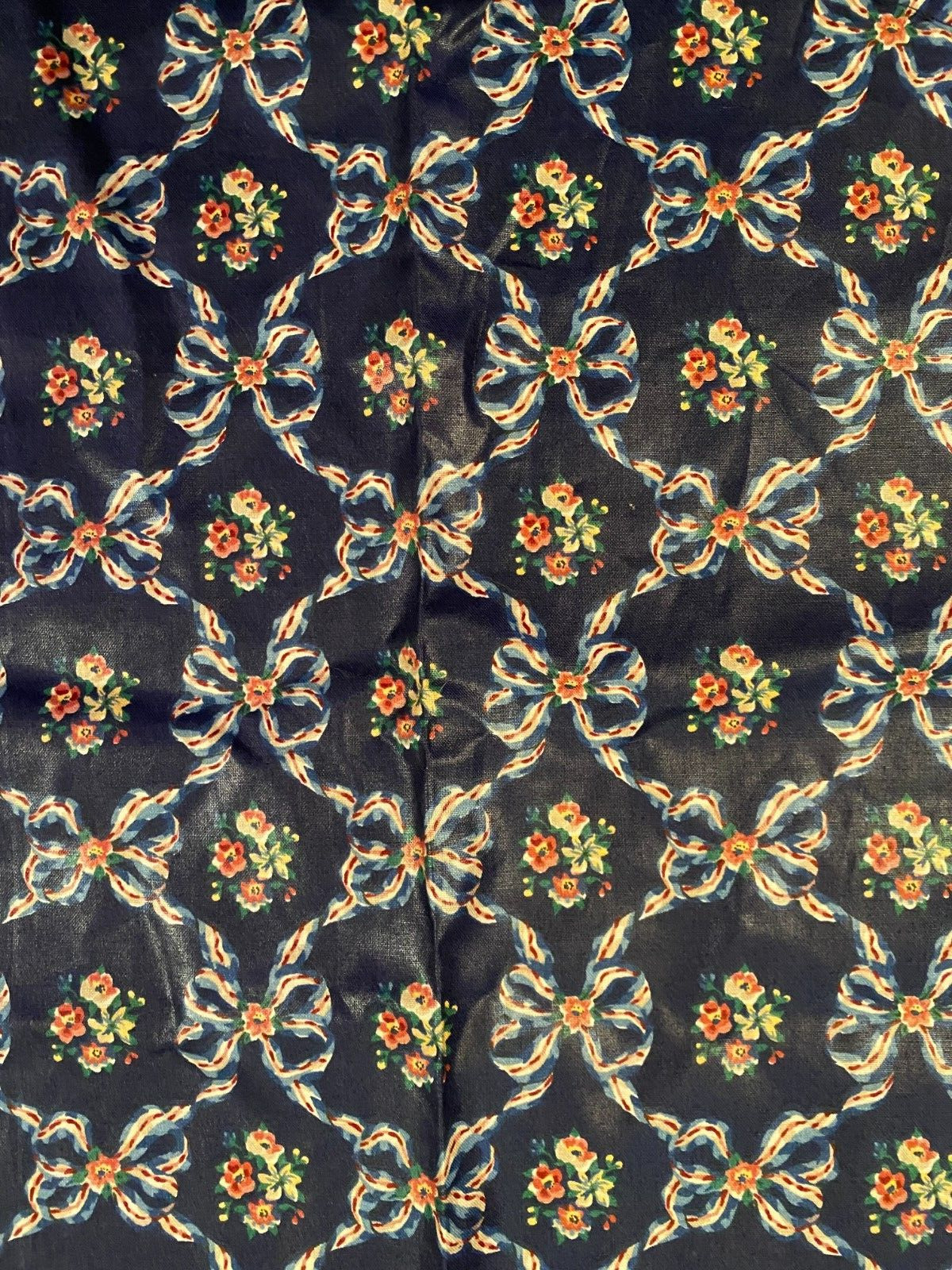 Vintage 1980 House & Home FABRIC 2yds Navy Blue FLORAL Ribbon Polished Cotton