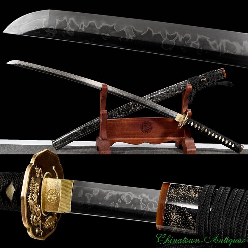Top Hitatsura Hamon T10 Steel Clay Tempered Japanese Katana Samurai Sword #1145