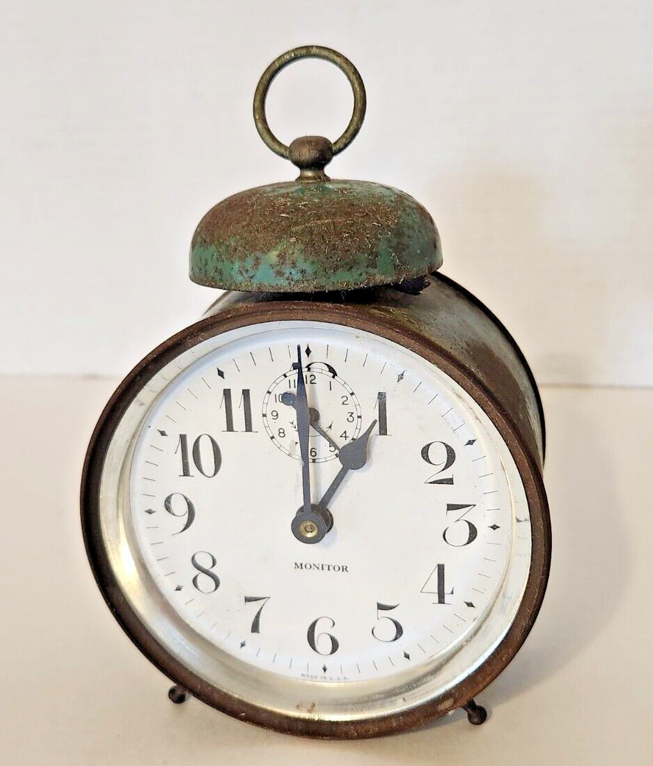 Antique Monitor Alarm Clock,Estate find, Complete,  Green, very decorative