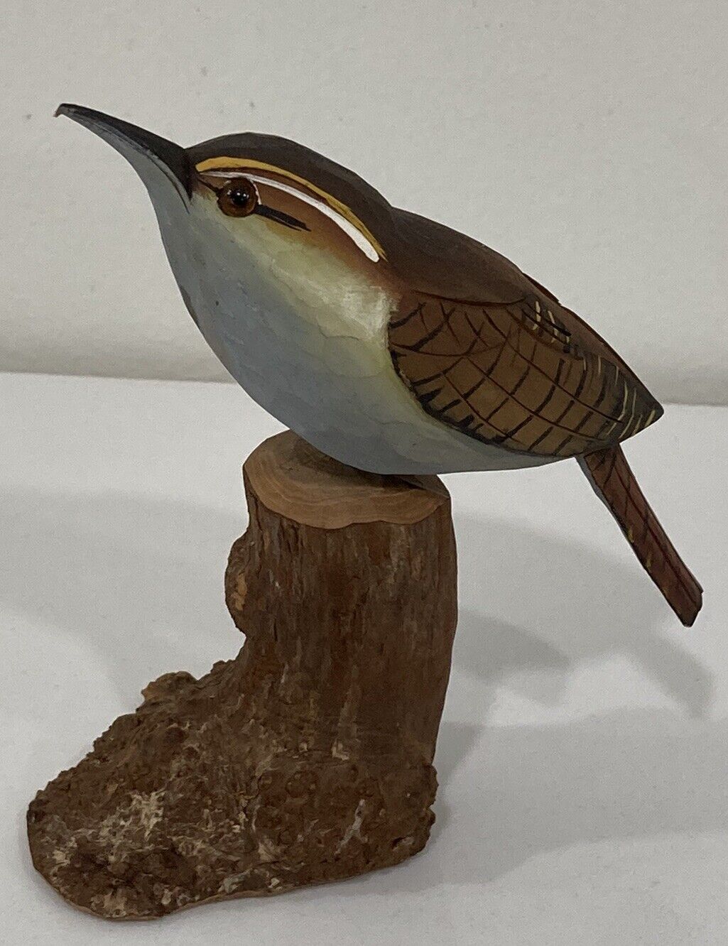 Hand Painted Hand Carved Carolina Wren Sparrow on Piece of Wood Figurine