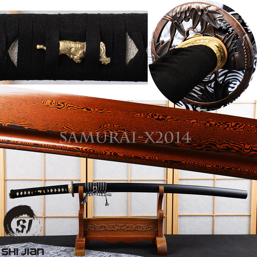Bloody Red Damascus Folded T10 Steel Katana Tiger Sharp Japanese Samurai Sword
