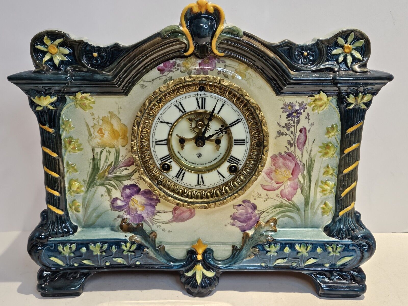 ANSONIA Royal Bonn 'LA PALMA' Victorian Open Escapement Porcelain Mantel Clock