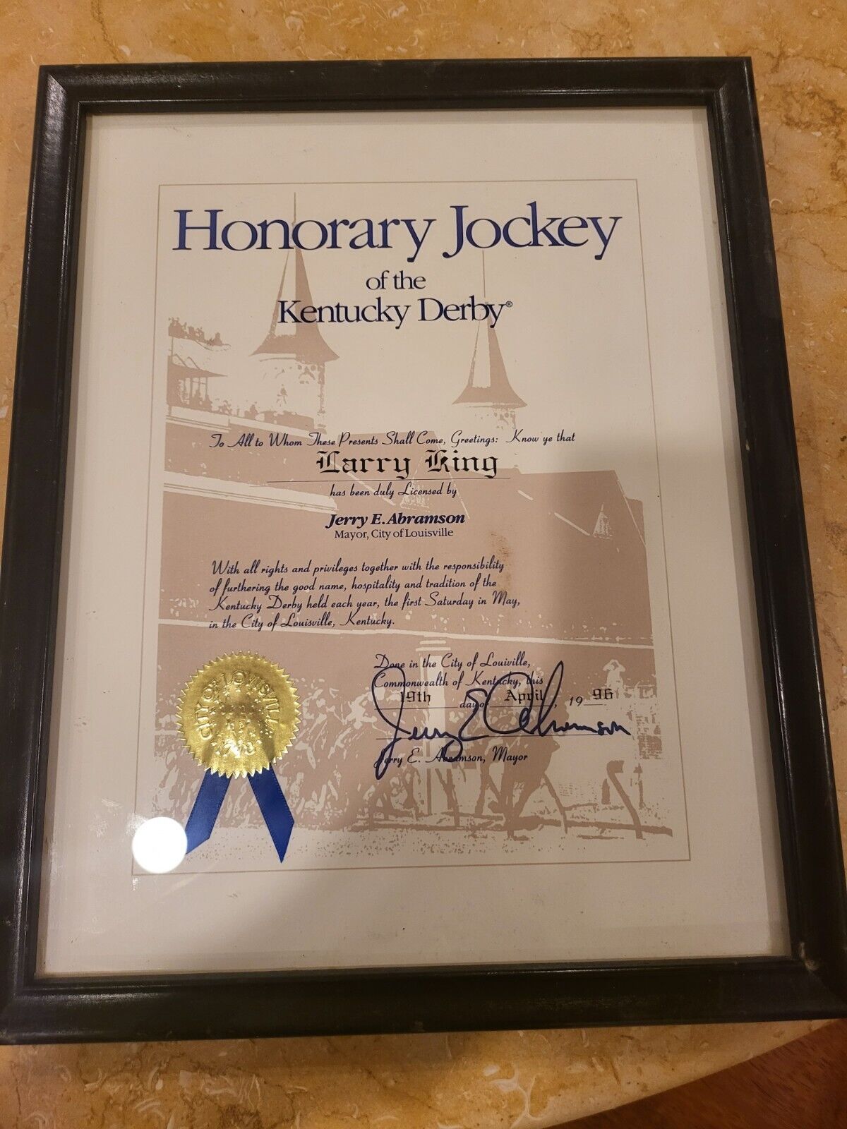 Honorary Kentucky Derby Jockey Awarded to Larry King (TV) signed Jerry Abransom