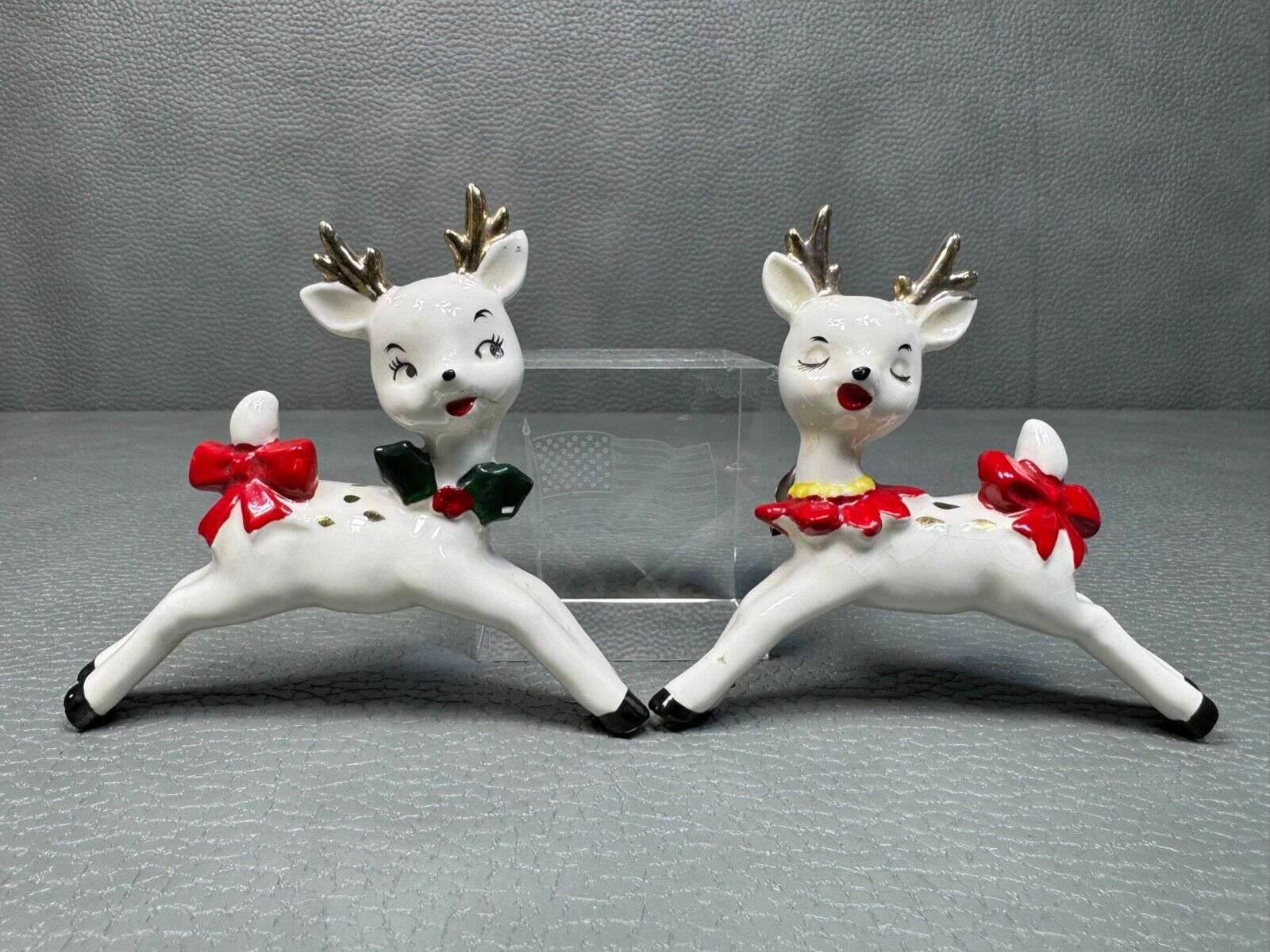 Pair of Vintage Lefton Ceramic Reindeer Clip On Christmas Ornaments