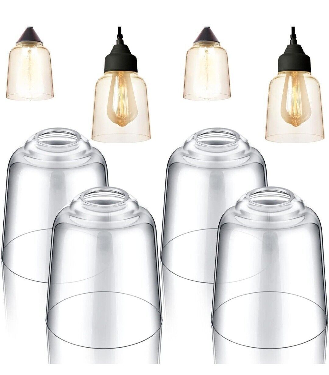 4 Clear Glass Shades 5 Inch Diameter, 1.65 Inch for E26, Bell Shaped