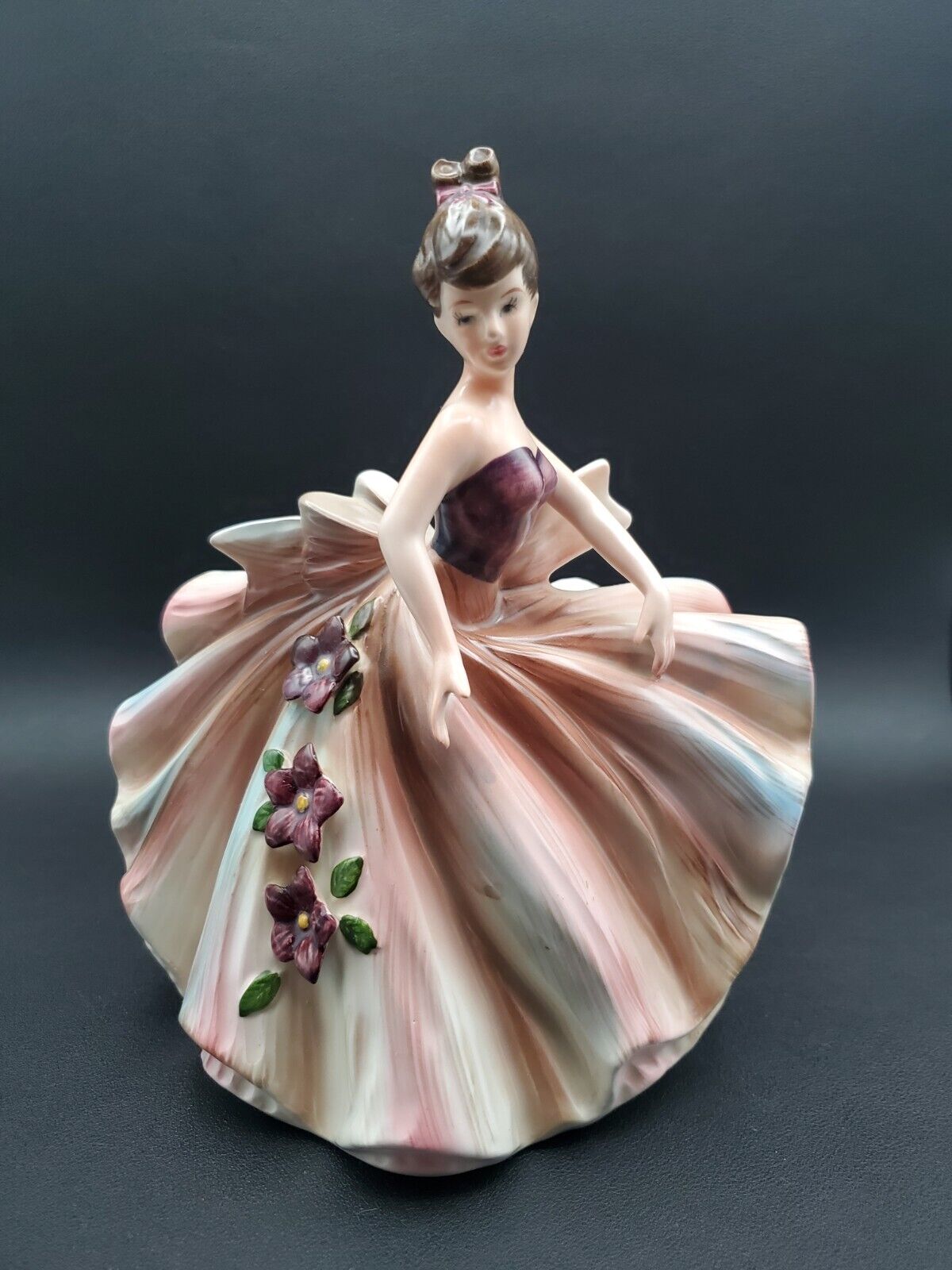 Lefton 290A Lady Figurine Planter Vase Dancing Brunette Fancy Pink Plum Dress