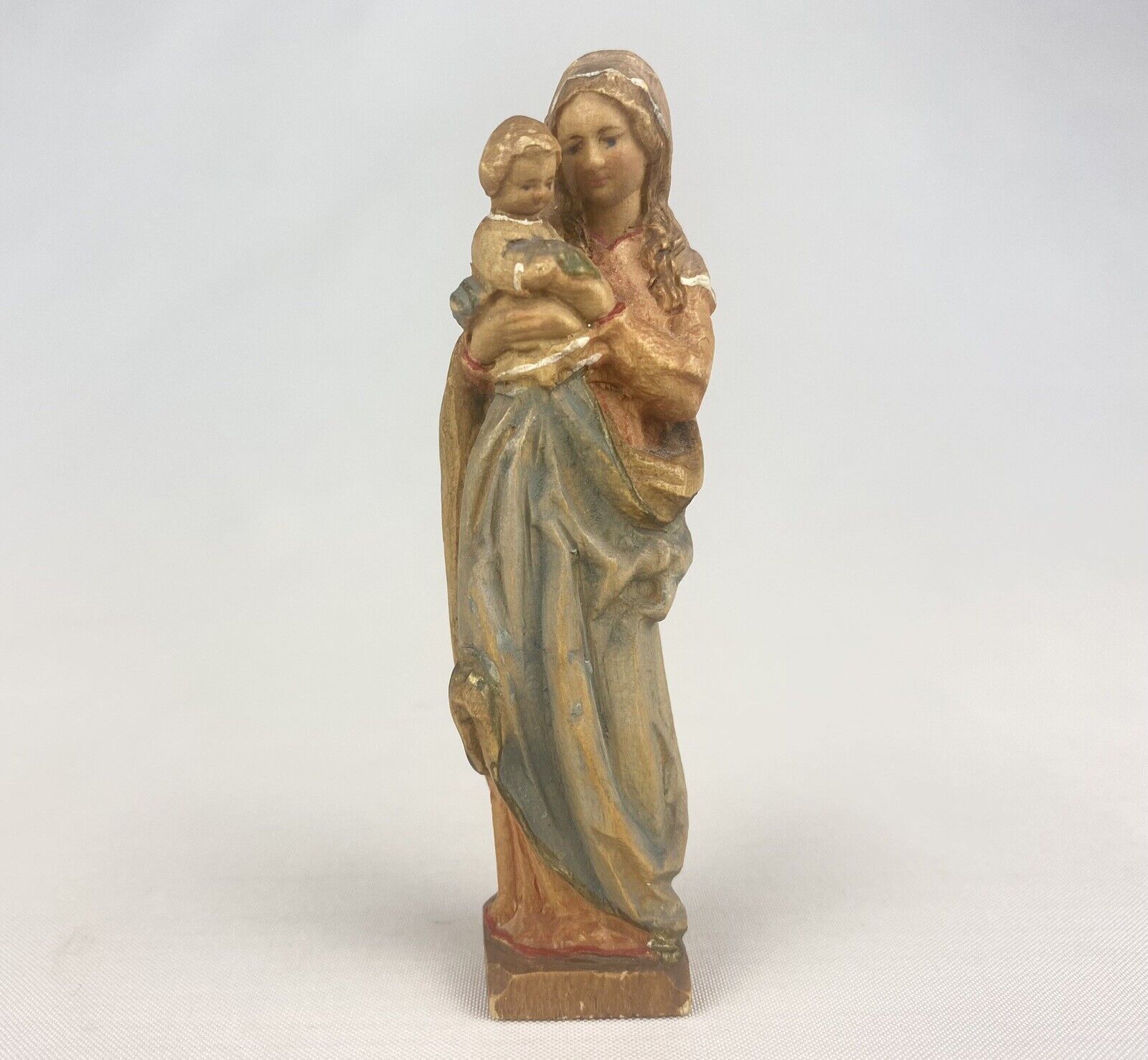 ANRI ? Madonna Figure Statue Hand Carved Wood Mary Jesus Small 3.75” Religious