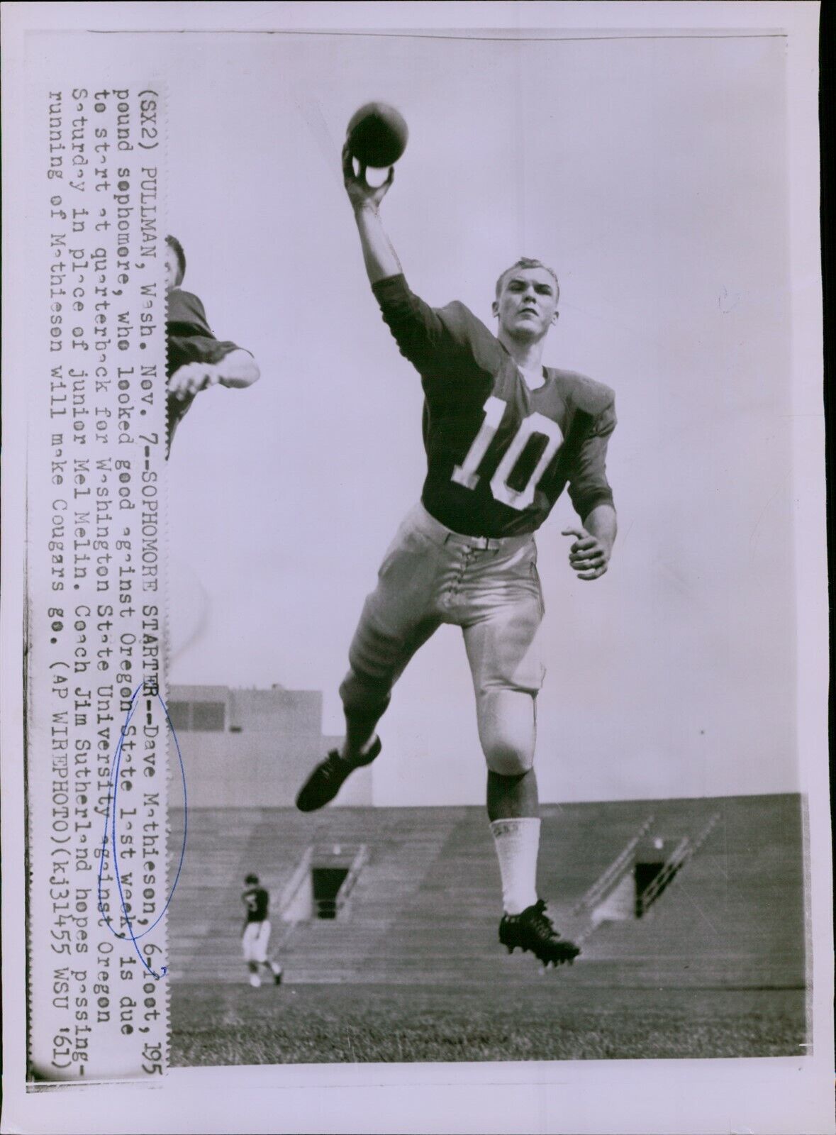 LG815 1961 Wire Photo SOPHOMORE STARTER Dave Mathieson Washington State Football