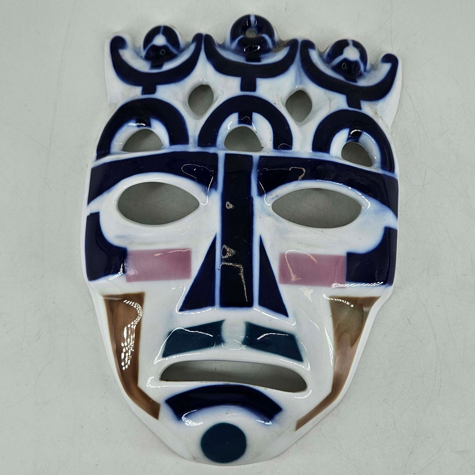 Sargadelos Spanish Porcelain Cobalt Crown Accent Hanging Decorative Mask