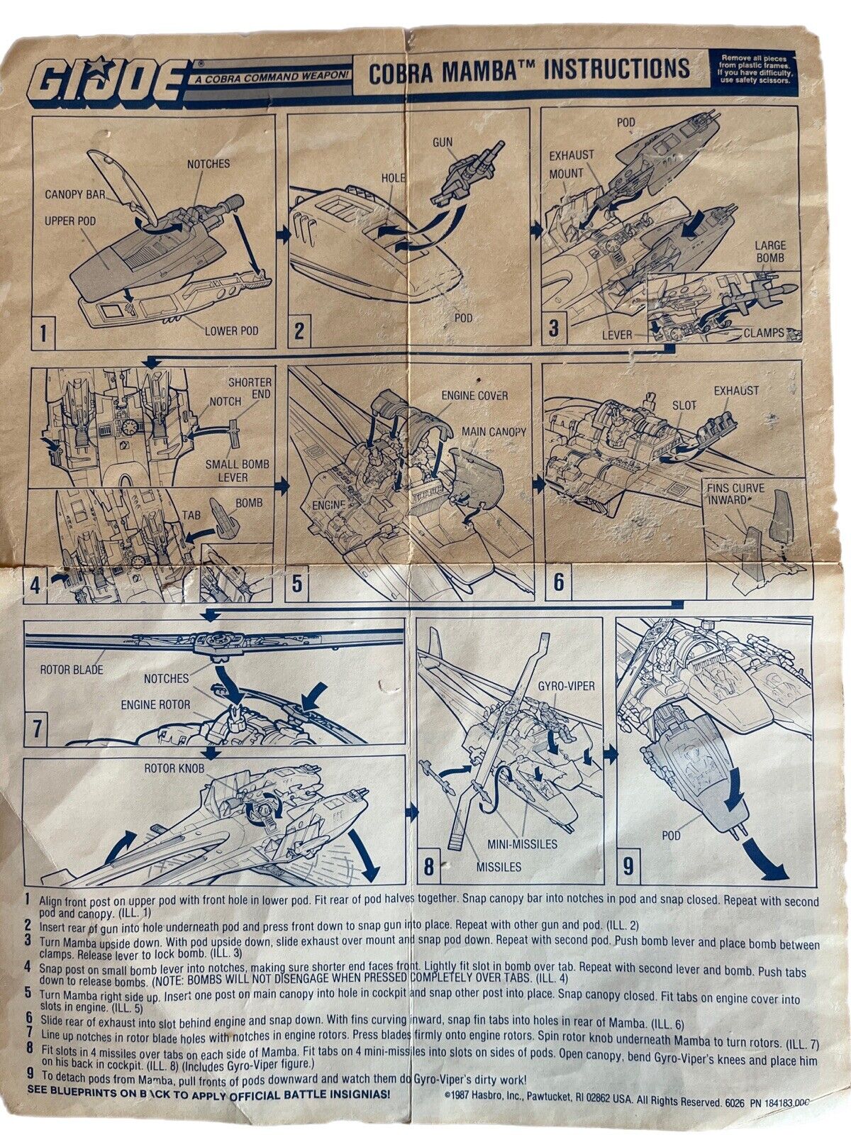 Vintage Gi Joe  1987 Original Blueprint Cobra Mamba Instruction Sheet Hasbro GUC
