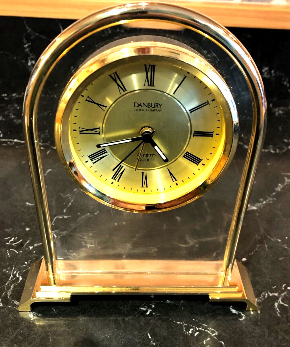 Danbury Desk Mantle Clock Company Alarm Quartz Solid Brass 7” Analog Brass Glass