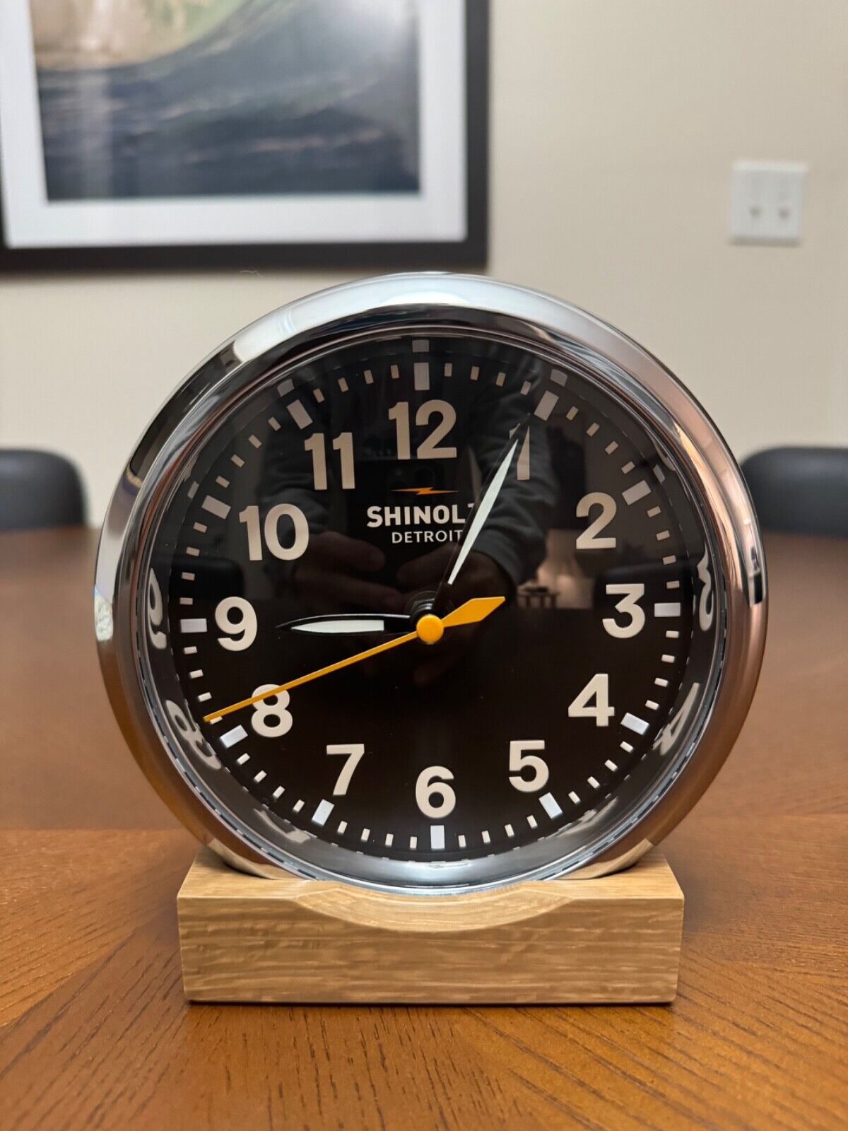Shinola Runwell Desk Clock - Black Dial with Silver Case and Oak Clock Stand