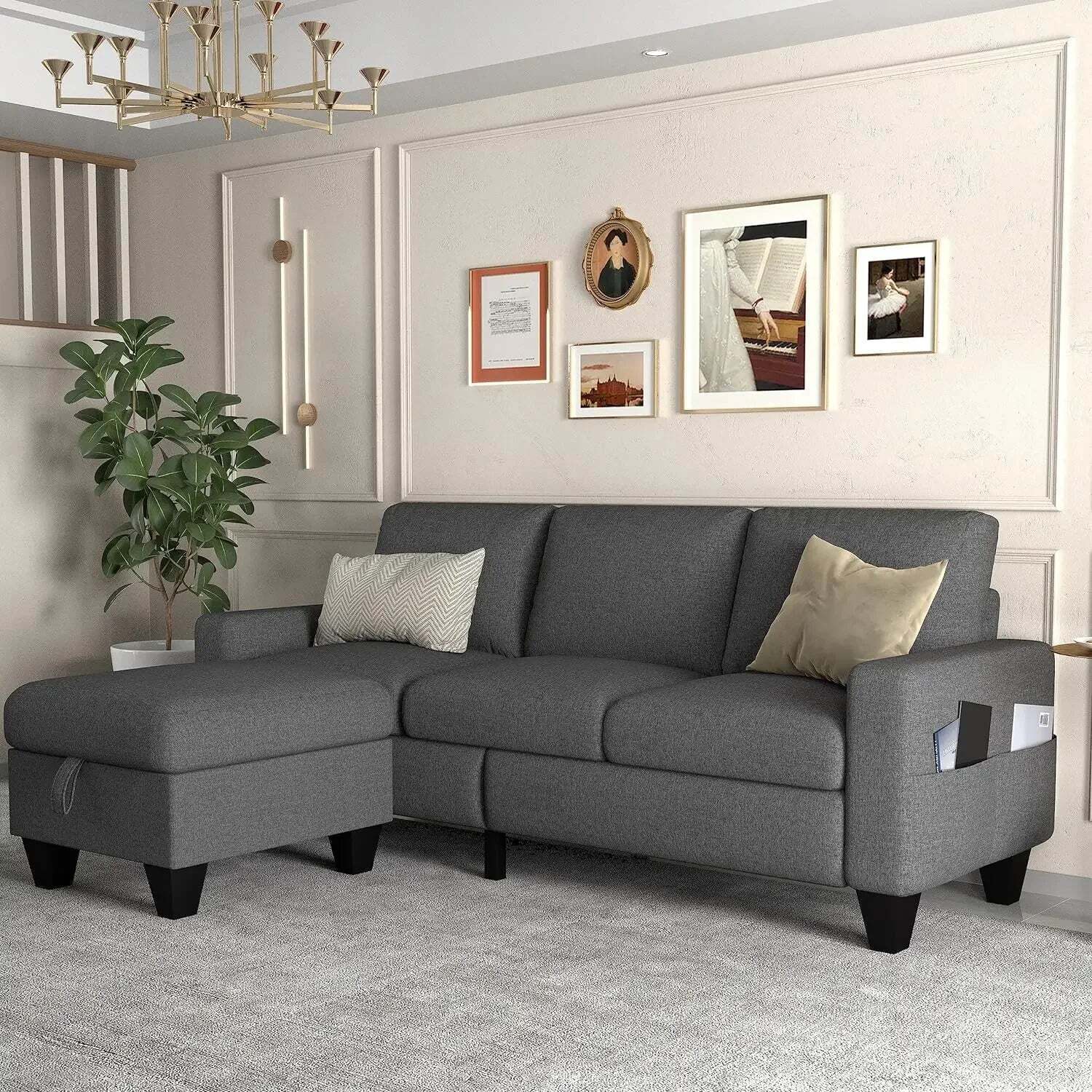 Living Room Sofa,Beige Linen Modern 3 Seater L Shaped Upholstered Furniture,Reve