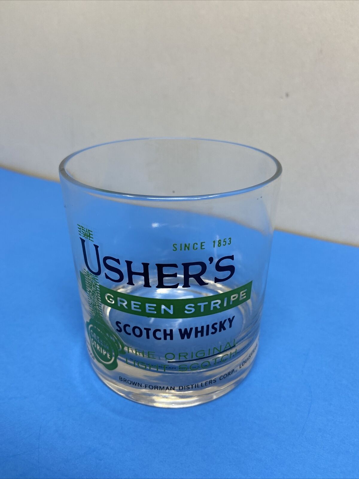 Vintage Usher's Green Stripe Scotch Whiskey Rock Glass Brown-Forman Distillers