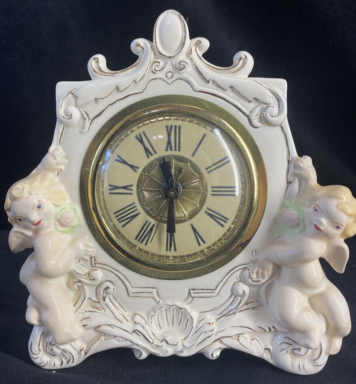Lanshire Self Starting Table Clock Porcelain Angels  7.5” Working Excellent