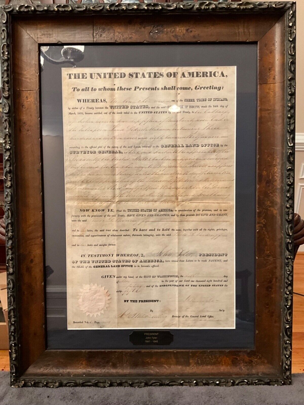 Dbl Signed President John Tyler May - 8 1841 - Land Grant Alabama Creek Indians