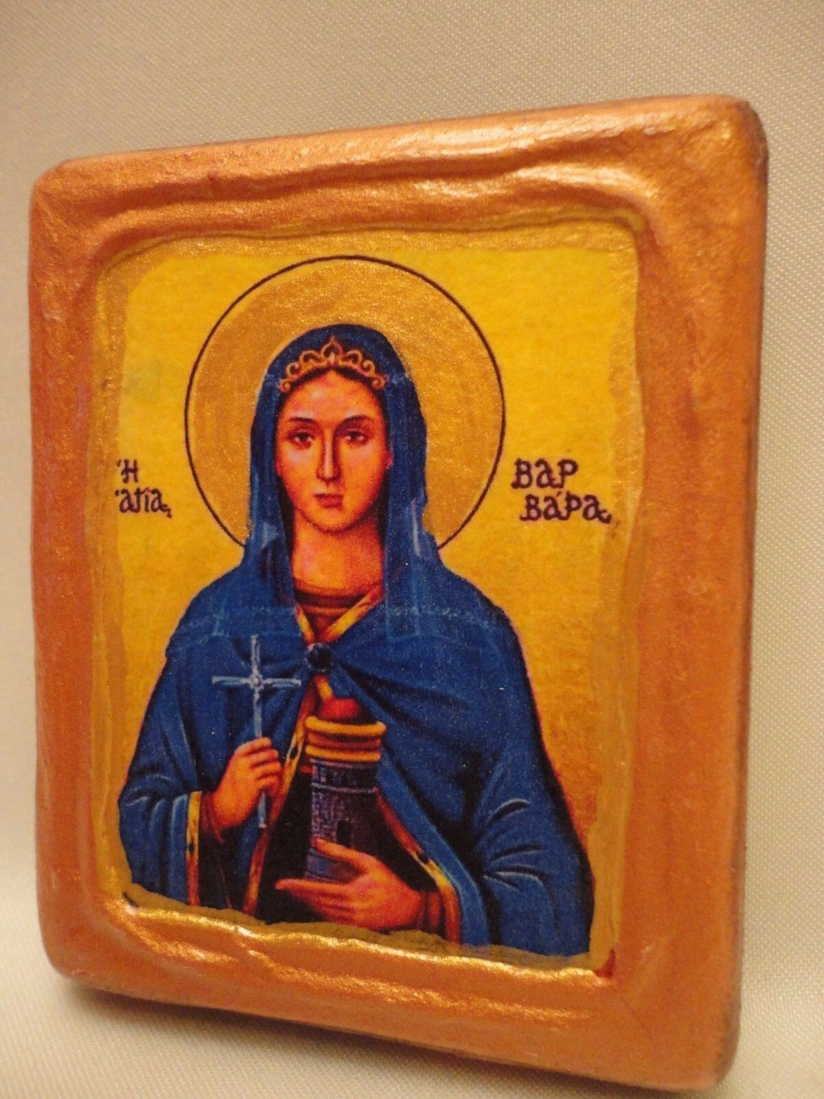 Saint Barbara Varvara  Orthodox Byzantine Rose Gold Greek Icon Art One of A Kind