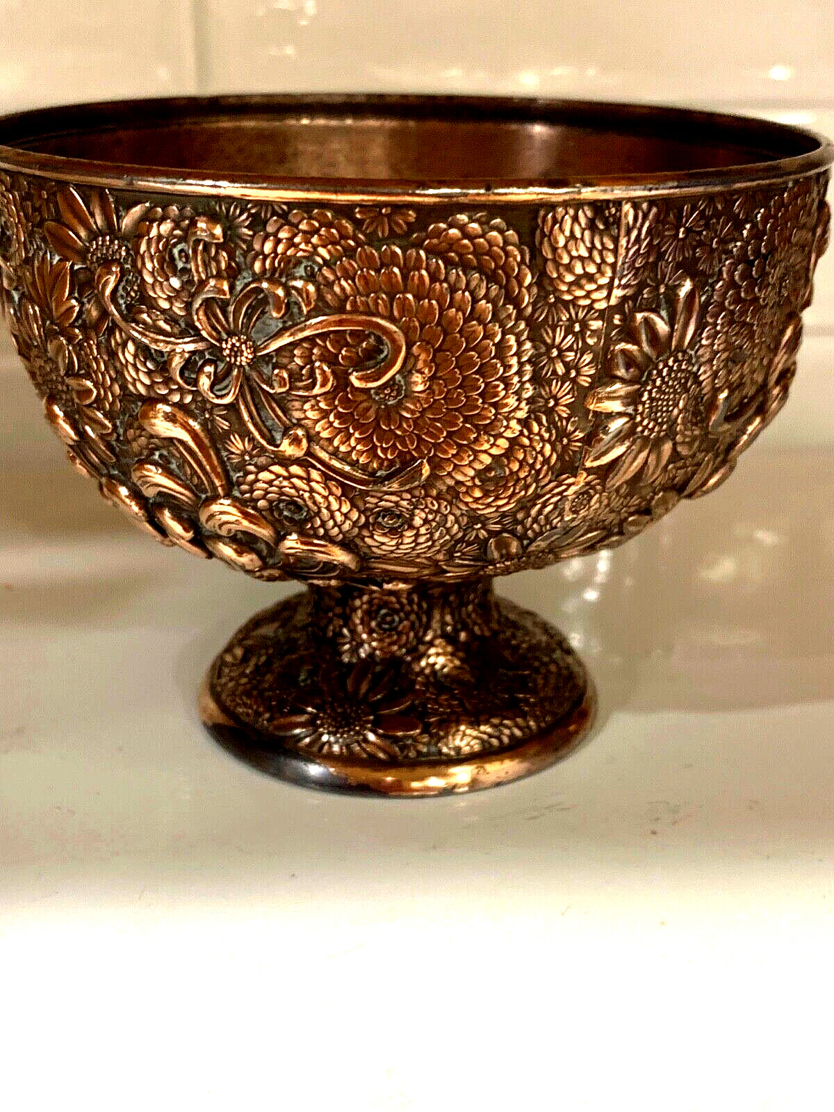 RARE ANTIQUE COPPER PLATED Wine CHALICE GOBLET on PEDESTAL w/ SILVER Man on LID