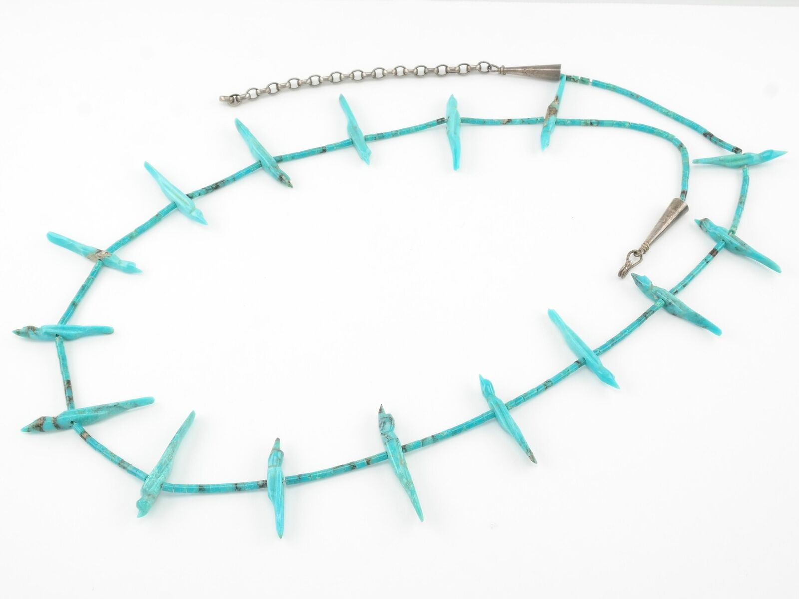 Native American Zuni Carved Turquoise Heishi Fetish Sterling Silver Necklace