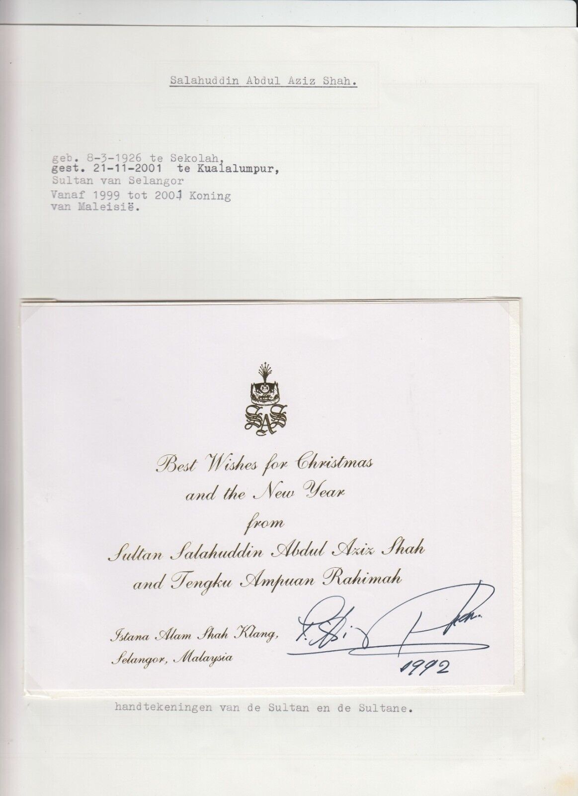 Sultan Salahuddin Abdul Aziz Shah, Original Autograph, Royalty, Malaysia (L6234)