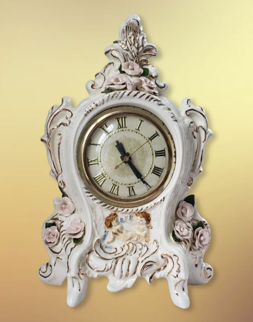 Vintage Lanshire Porcelain Pale Pink Roses Cherubs Footed Mantle Clock 1950's