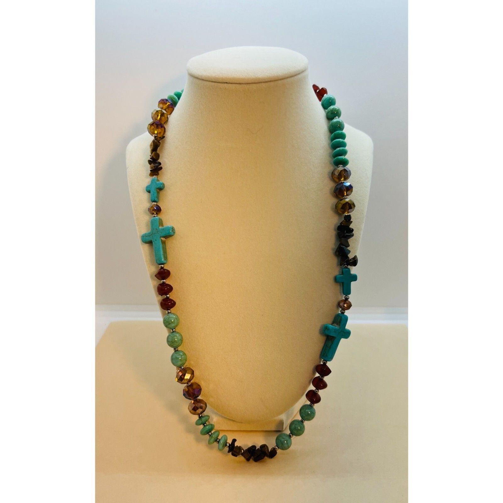 Western Turquoise Tiger Eye Cross Strand Necklace 38\