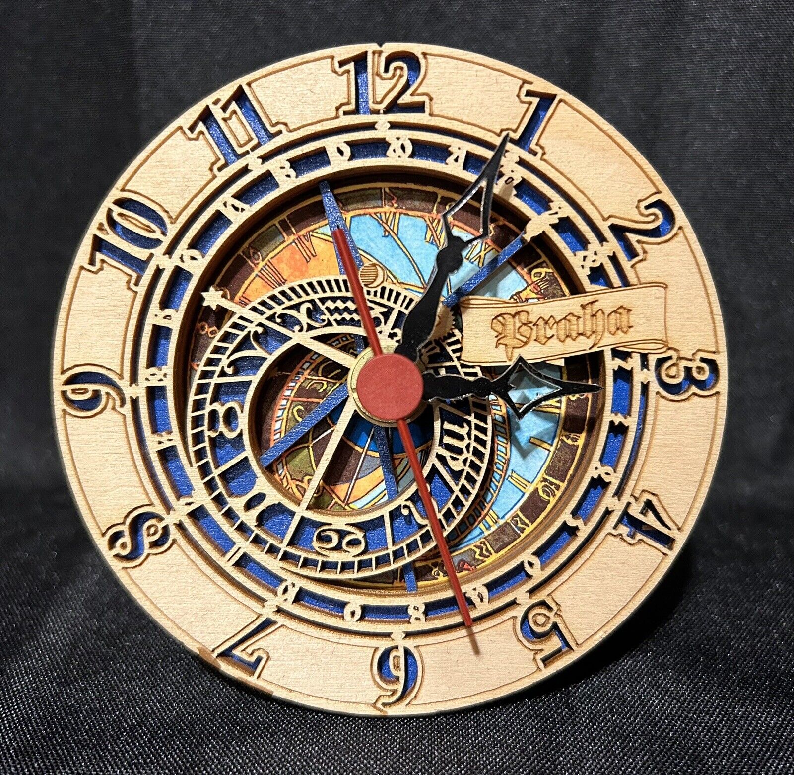 Praha Prague Round Wooden 3D Clock Handmade Czech Republic 4.25\