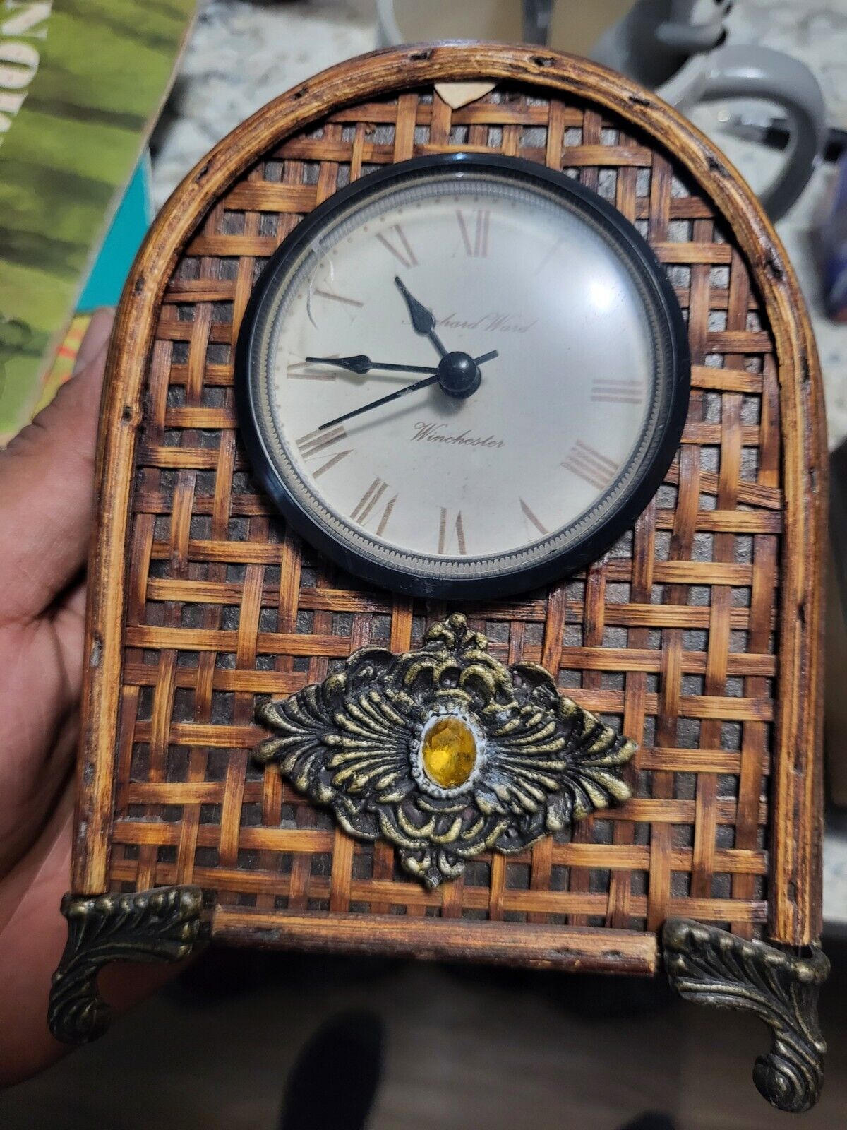 Clock Richard Ward Winchester Sturdy Wicker Mantel With Jewel Vintage 6 in talll